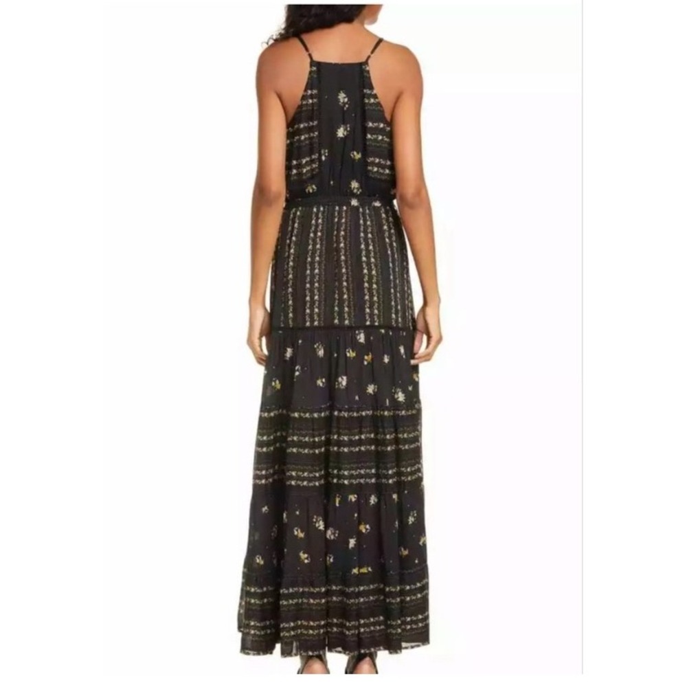 DOLAN Annie Black Floral Stripe Tiered Maxi Dress V-Neck Boho Size Large